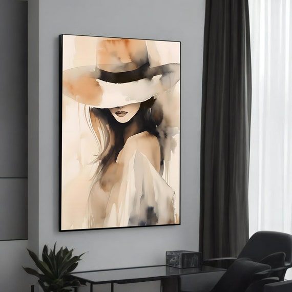 Elegant Woman In Hat Canvas Painting Soft Watercolor Style Portrait Unique Wall Art Gift Contemporary Home Decor
