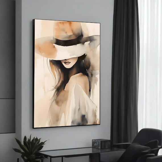 Woman Wide Brim Hat Watercolor Fashion Portrait Chic Decor Poster