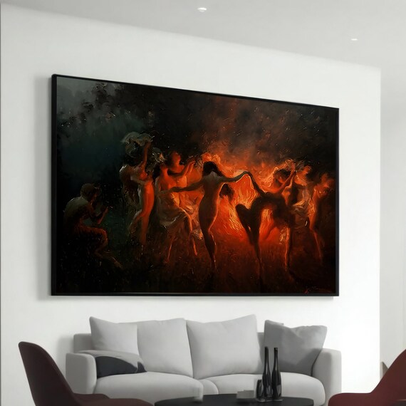Dance Of Fire Silhouettes Around Flames Handpainted Canvas Style Poster