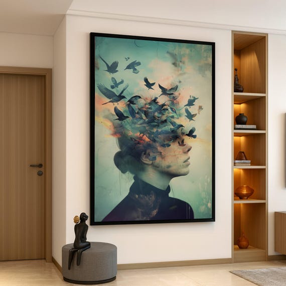 Surreal Woman Profile With Flying Birds Abstract Canvas Wall Art Dreamscape Portrait Thoughtful Expression Decor Modern Mixed Media