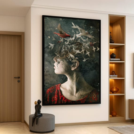 Surreal Female Profile With Flying Birds Canvas Abstract Art Wall Decor Creative Nature And Human Fusion Modern Home Decoration