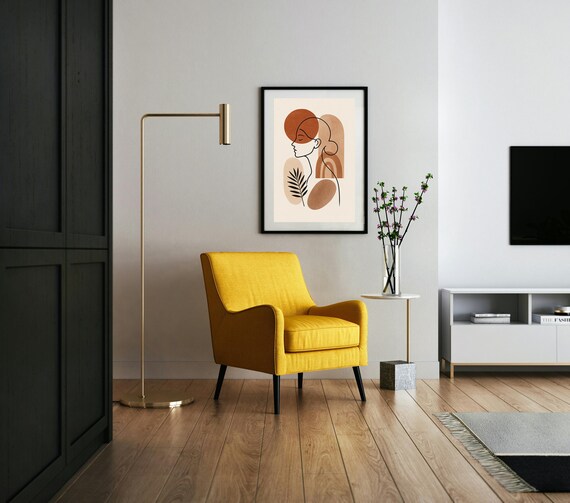 Boho Line Art Woman Portrait with Terracotta Sun and Leaf Poster