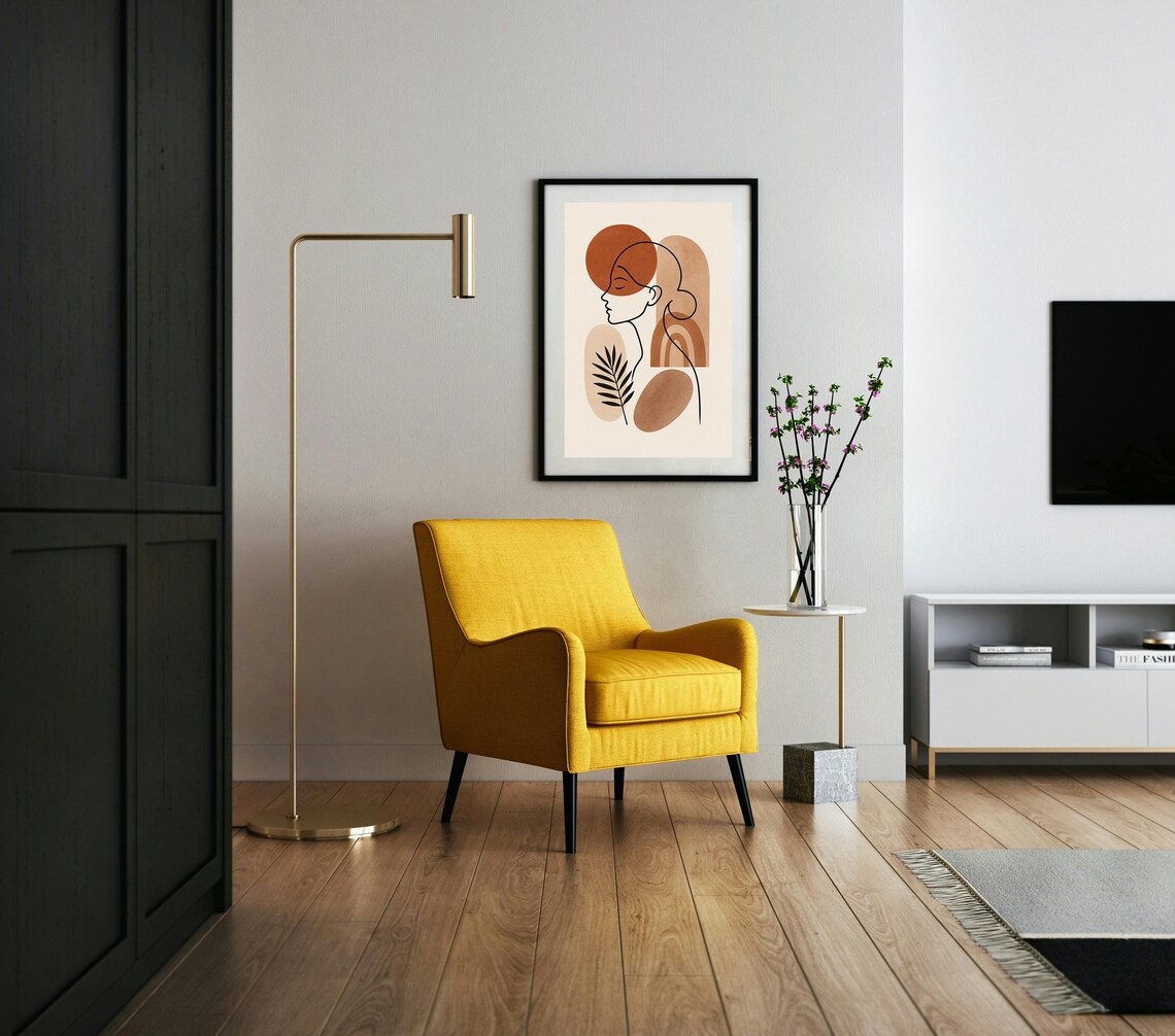 Boho Line Art Woman Portrait with Terracotta Sun and Leaf Poster