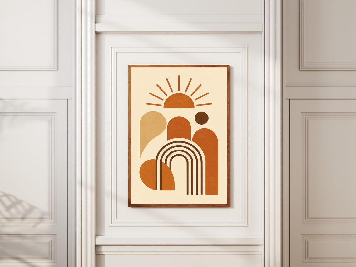 Rust and Tan Boho Rising Sun and Rainbow Arch Abstract Poster