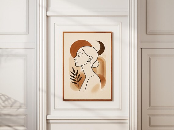 Boho Line Art Woman Portrait with Sun Disc and Crescent Moon Poster