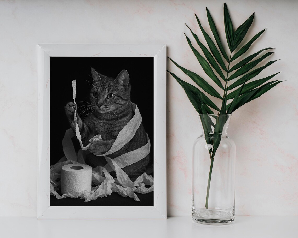 Funny Tabby Cat Tangled in Toilet Paper Black and White Bathroom Poster