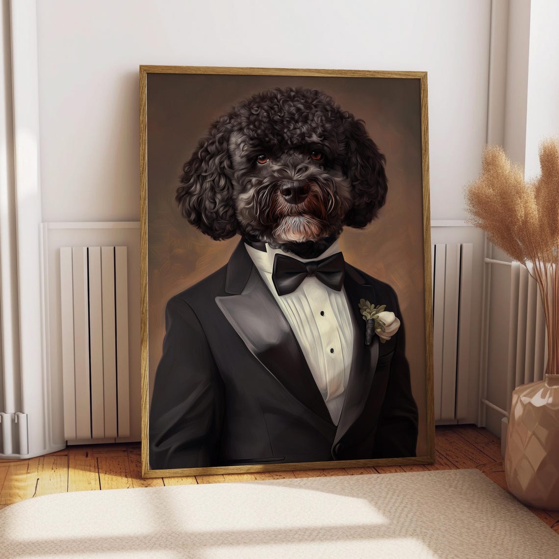Curly Black Dog in Tuxedo and Bow Tie Regal Pet Portrait Poster
