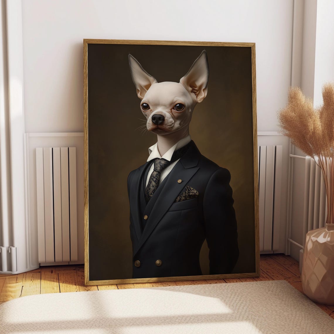 Chihuahua Dog Portrait Dark Suit Charming Gentleman Art Poster