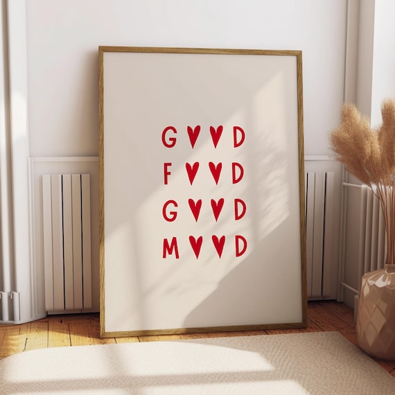 Good Food Mood Red Hearts Typography Kitchen Decor Art Poster