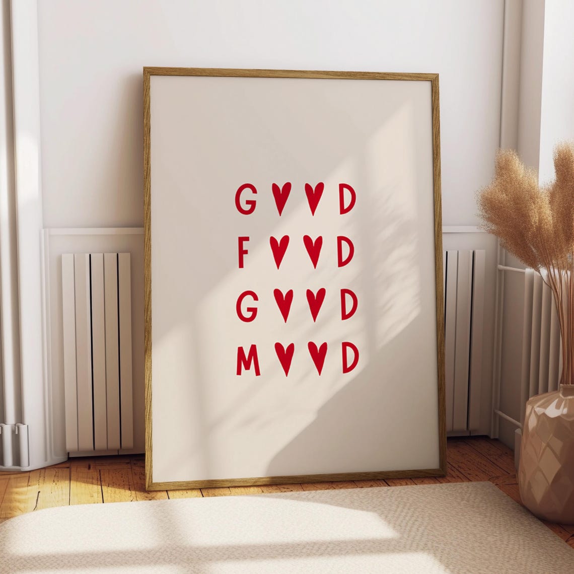 Good Food Mood Red Hearts Typography Kitchen Decor Art Poster