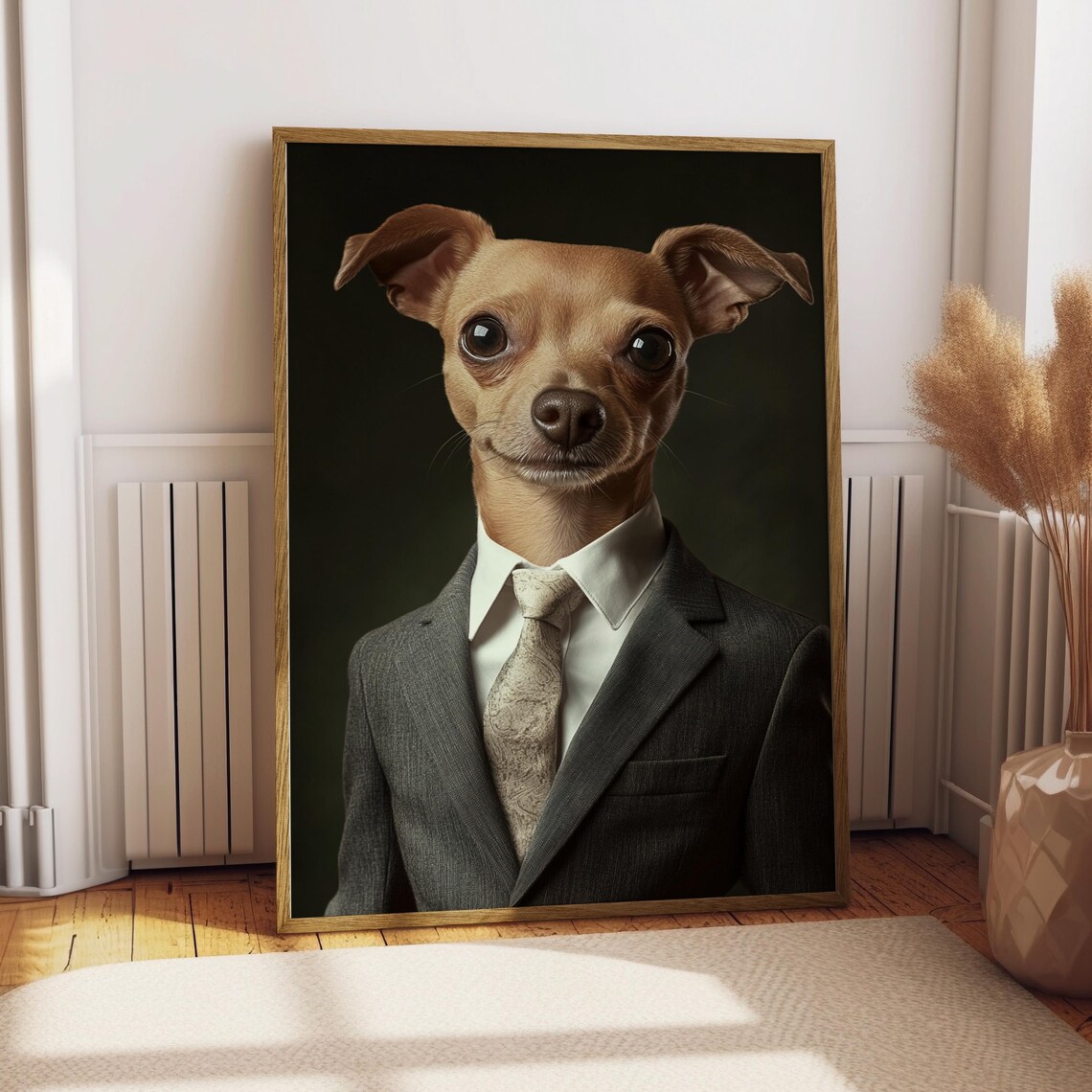 Dapper Little Chihuahua in Gray Suit Funny Dog Portrait Poster