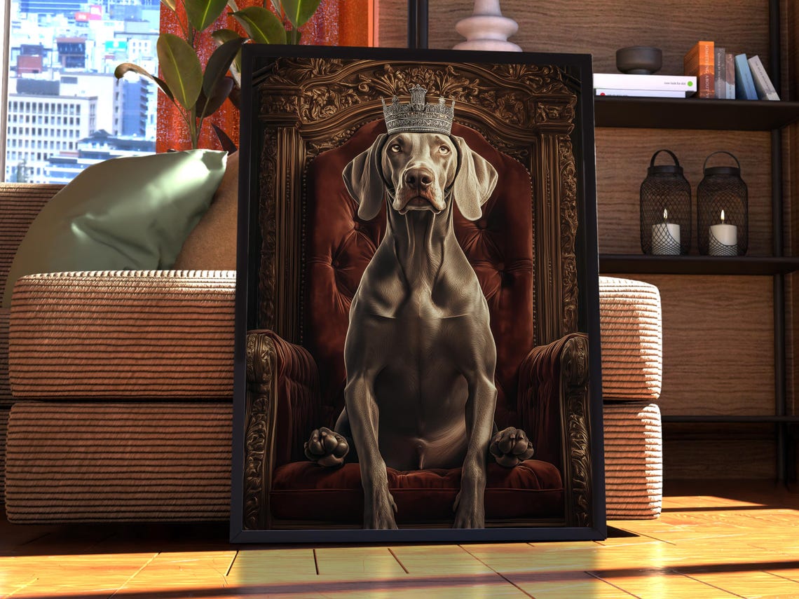 Weimaraner Royal Portrait Silver Ghost Crowned King Throne Poster