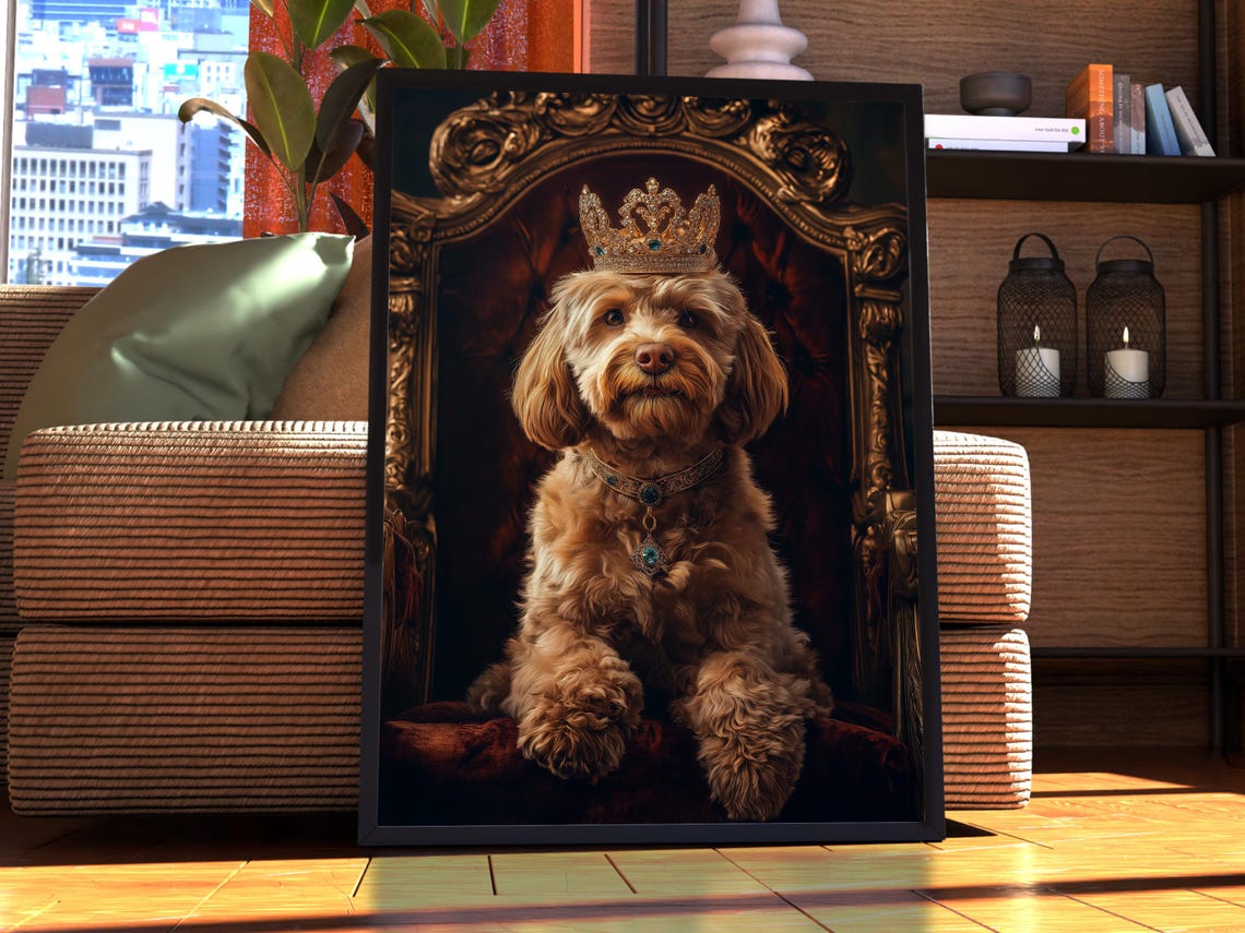 Crowned Golden Doodle Dog on a Royal Throne Portrait Wall Art