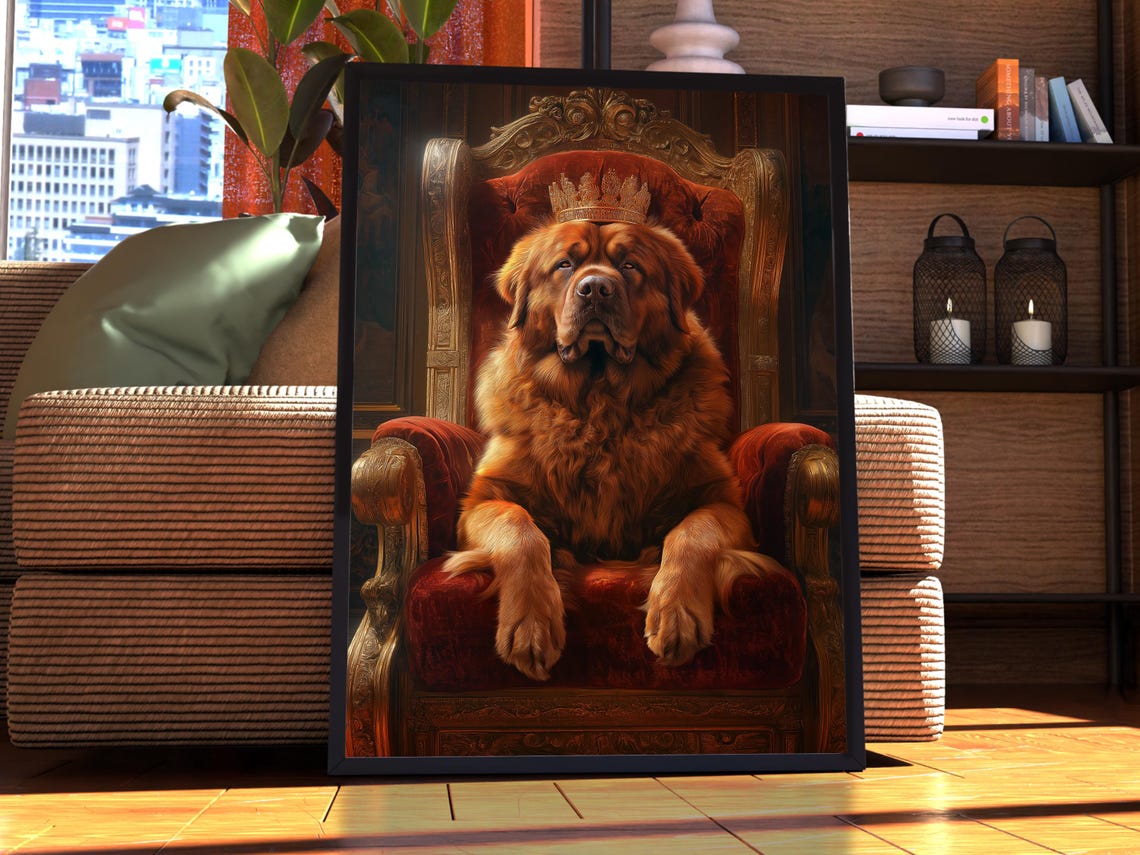 Mastiff Dog With Crown On Red Throne Regal King Pet Art Poster