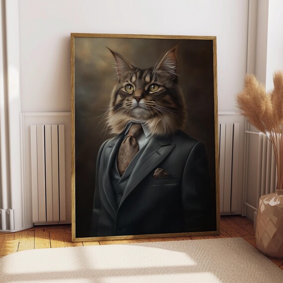 Maine Coon Cat in a Dark Three Piece Suit Dignified Pet Portrait Poster