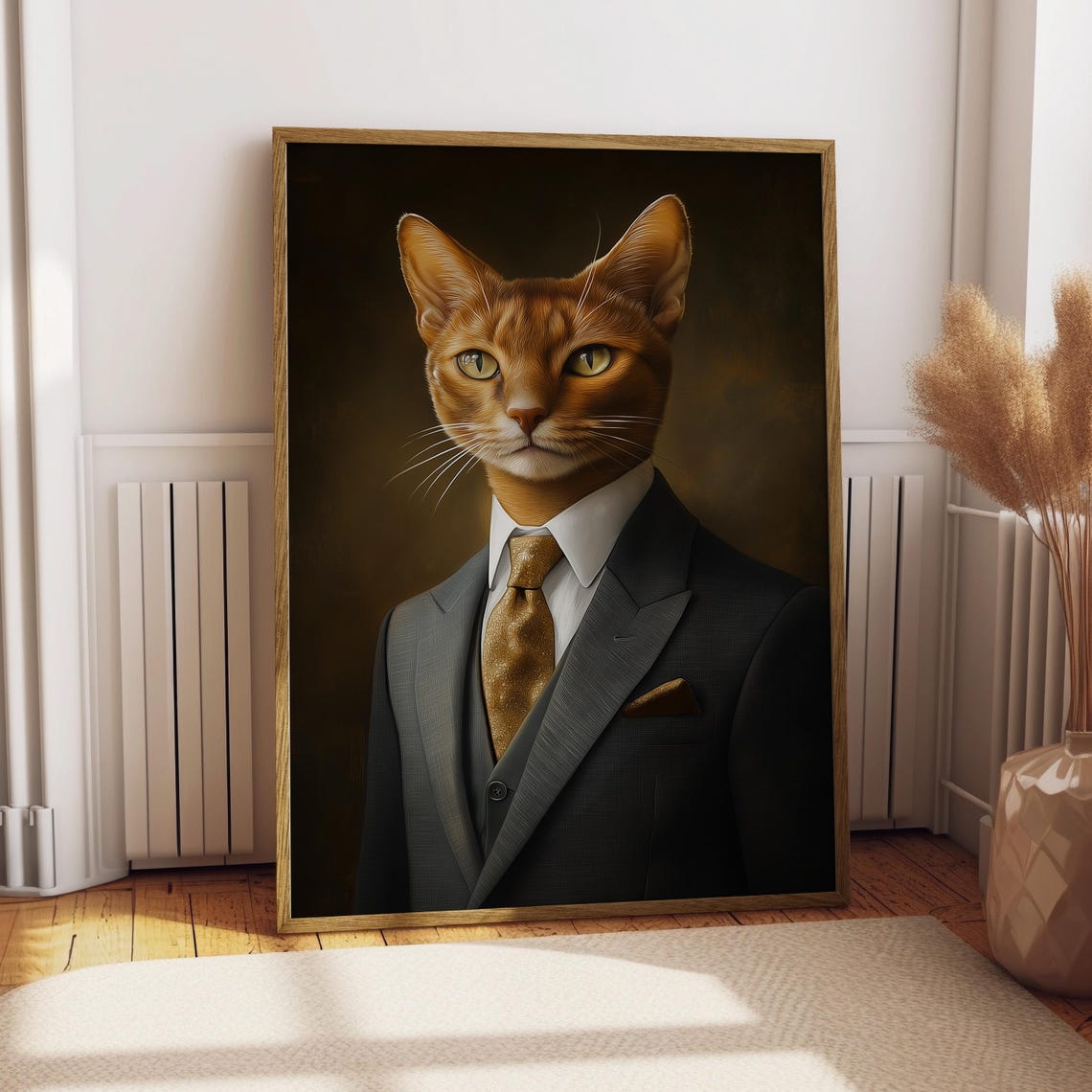 Abyssinian Cat in Charcoal Suit and Gold Tie Regal Pet Portrait Poster
