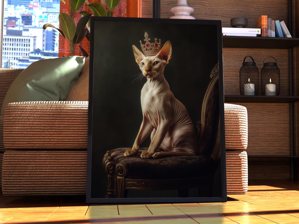Hairless Sphynx Cat Royal Crown Portrait Poster Elegant Pet Gift