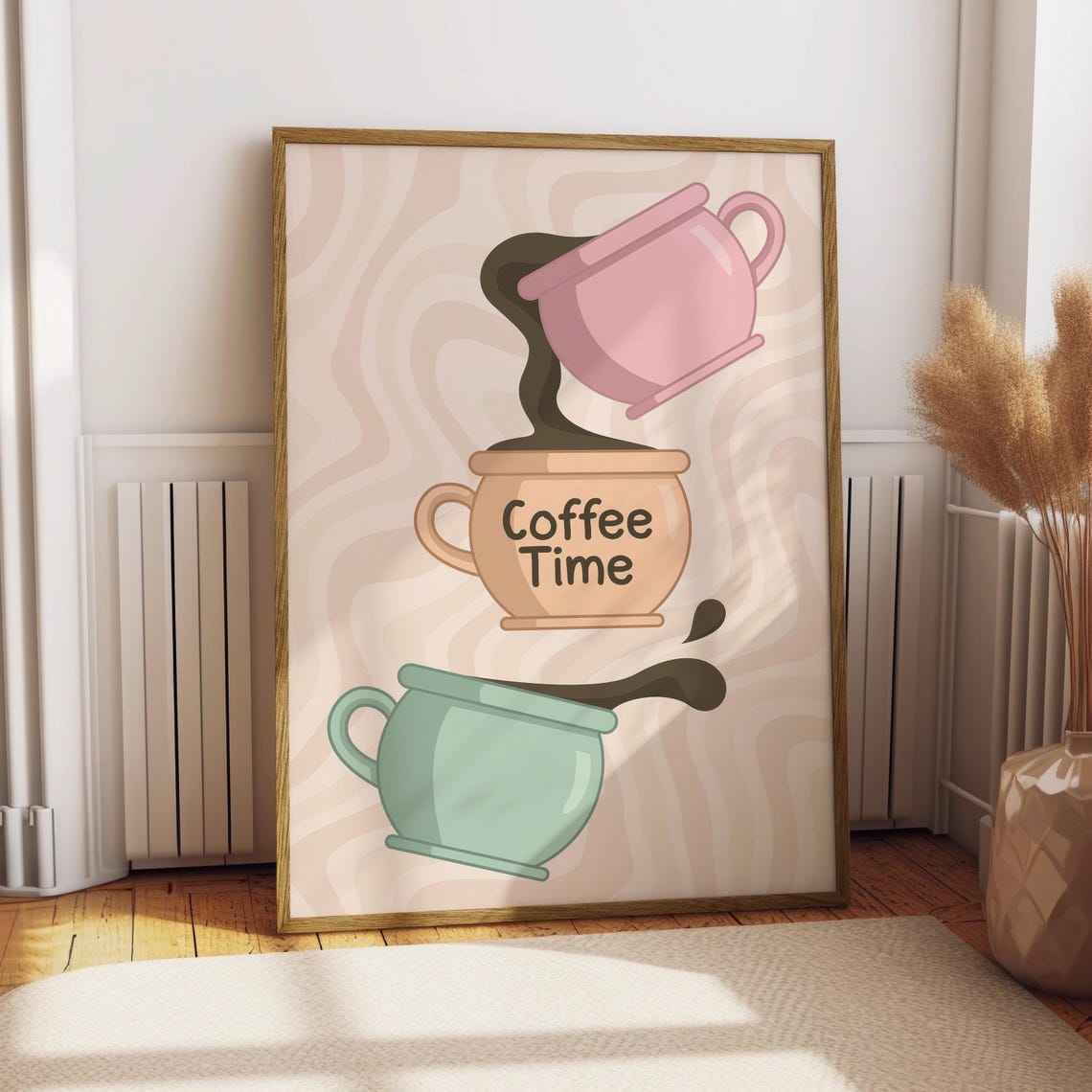 Coffee Time Pastel Pouring Cups Cute Playful Kitchen Wall Poster