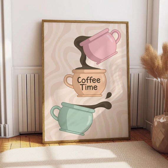 Coffee Time Pastel Pouring Cups Cute Playful Kitchen Wall Poster