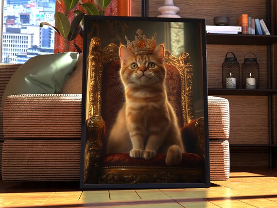 Ginger Cat Royal Crown Golden Throne Portrait Poster Pet Gift