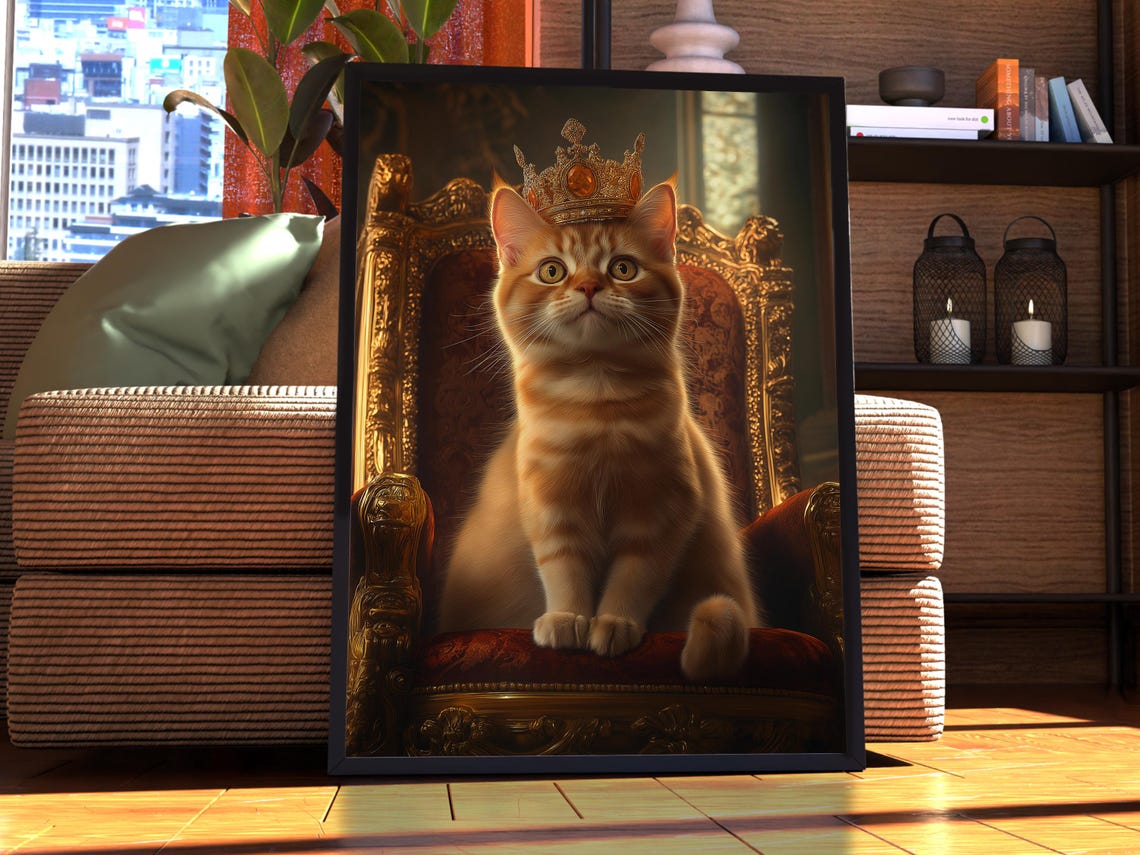 Ginger Cat Royal Crown Golden Throne Portrait Poster Pet Gift