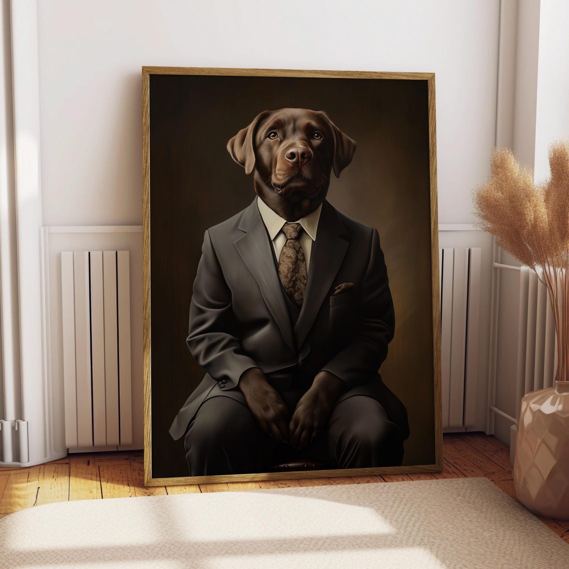 Chocolate Labrador in Tailored Gray Suit Formal Dog Portrait Poster