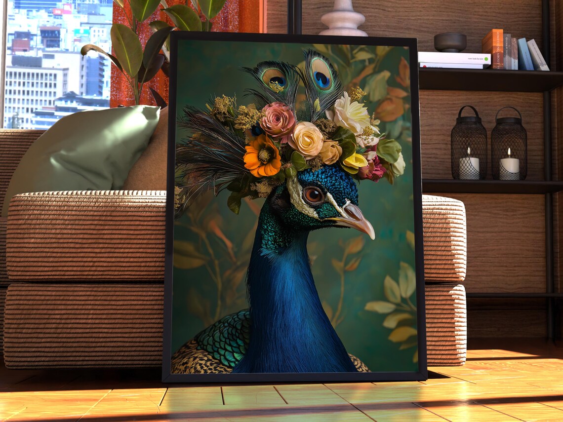 Peacock Poster, Maximalist Floral Bird Art Print