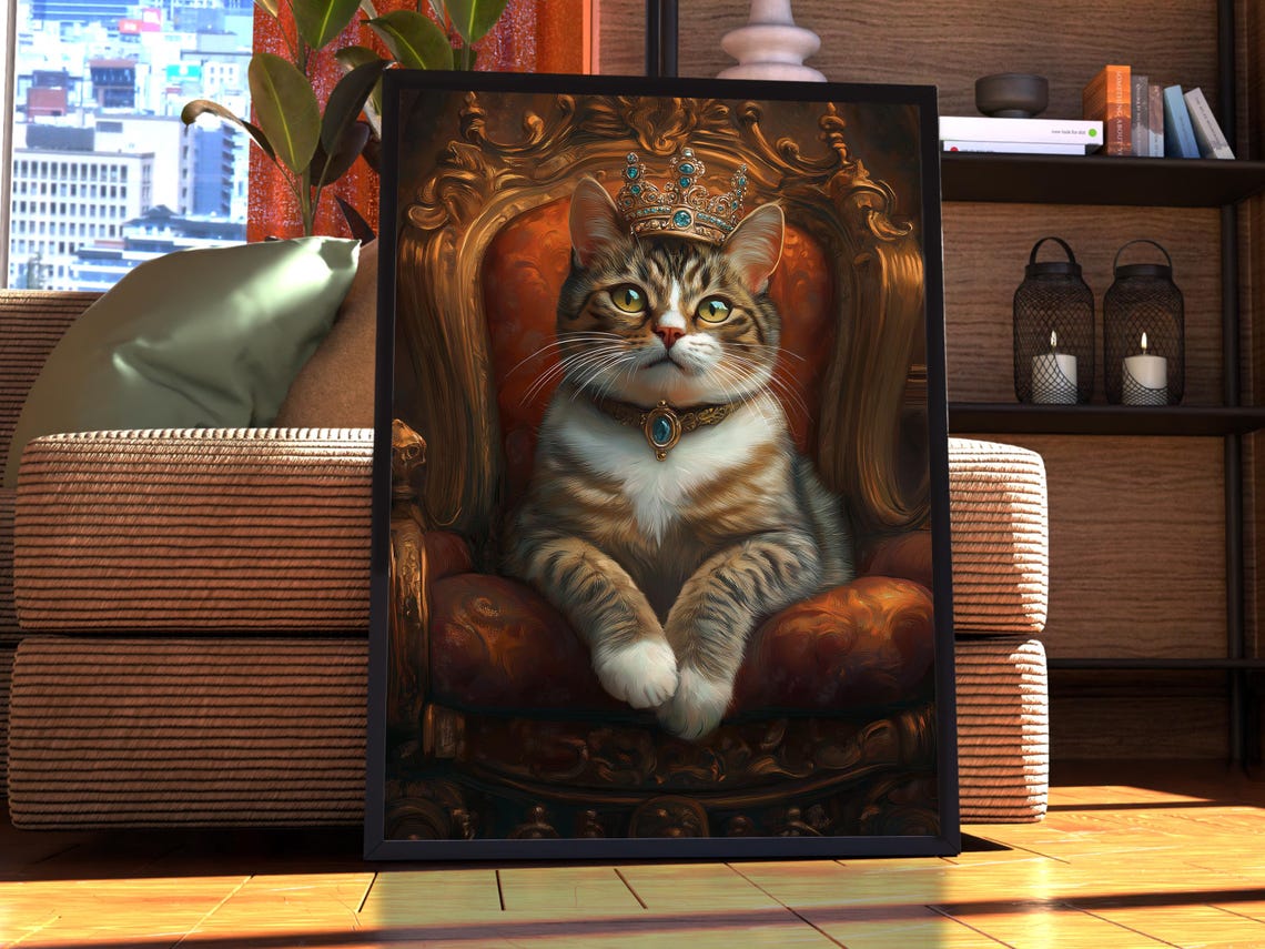 Tabby Shorthair Cat Royal Portrait Poster Crowned Queen Throne Decor