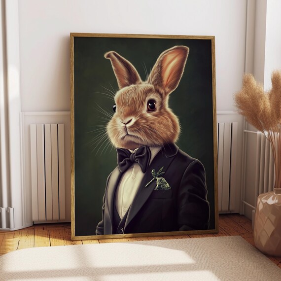 Rabbit Suit Portrait Pet Poster Custom Art Wall Cute Animal Gift For Bunny Netherland Dwarf