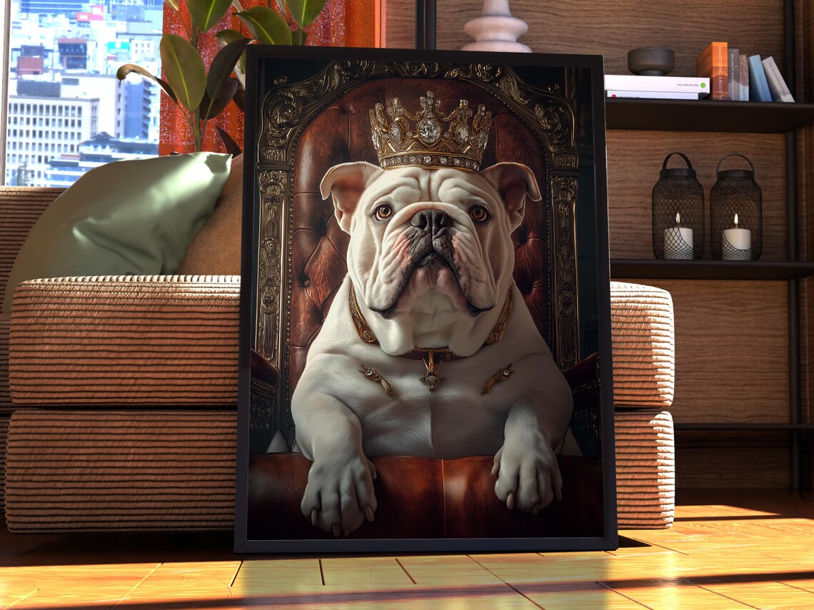 Royal English Bulldog Crown Portrait Regal Dog Throne Art Poster