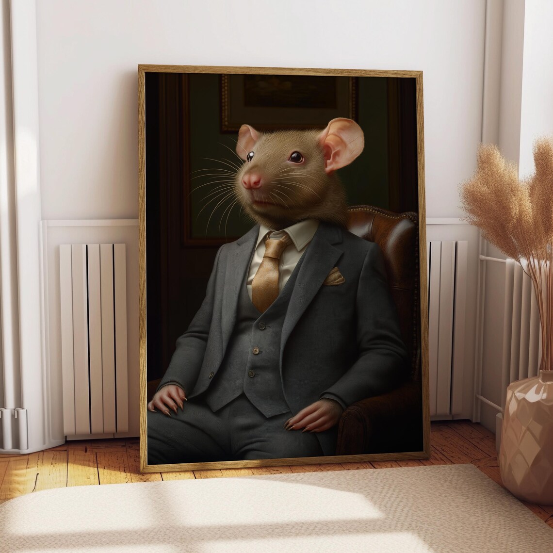 Rat in Suit and Tie Sitting in Leather Chair Funny Animal Portrait Poster