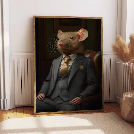 Rat in Suit and Tie Sitting in Leather Chair Funny Animal Portrait Poster