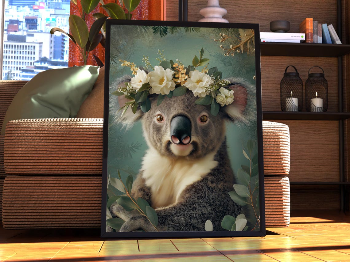 Koala Wearing a White Flower Crown Botanical Portrait Poster