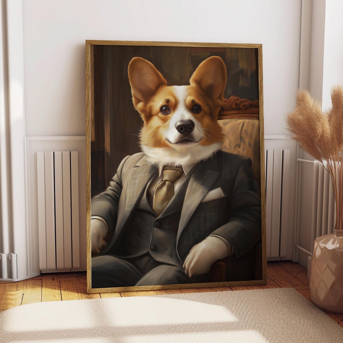 Gentleman Corgi in Gray Suit Sitting Funny Pet Portrait Poster