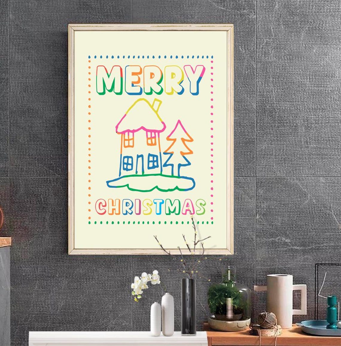 Merry Christmas Neon Outline House Tree Doodle Holiday Wall Print - Image 2