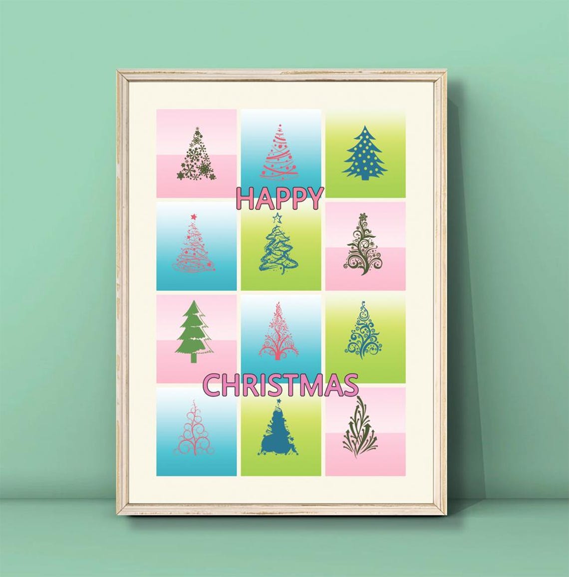 Happy Christmas Twelve Stylized Trees Holiday Festive Poster