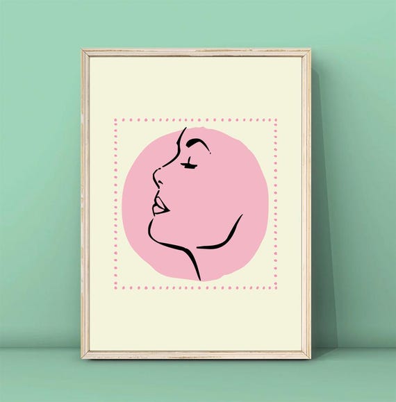 Serene Blush Pink Boho Woman Profile Line Art Face Wall Print