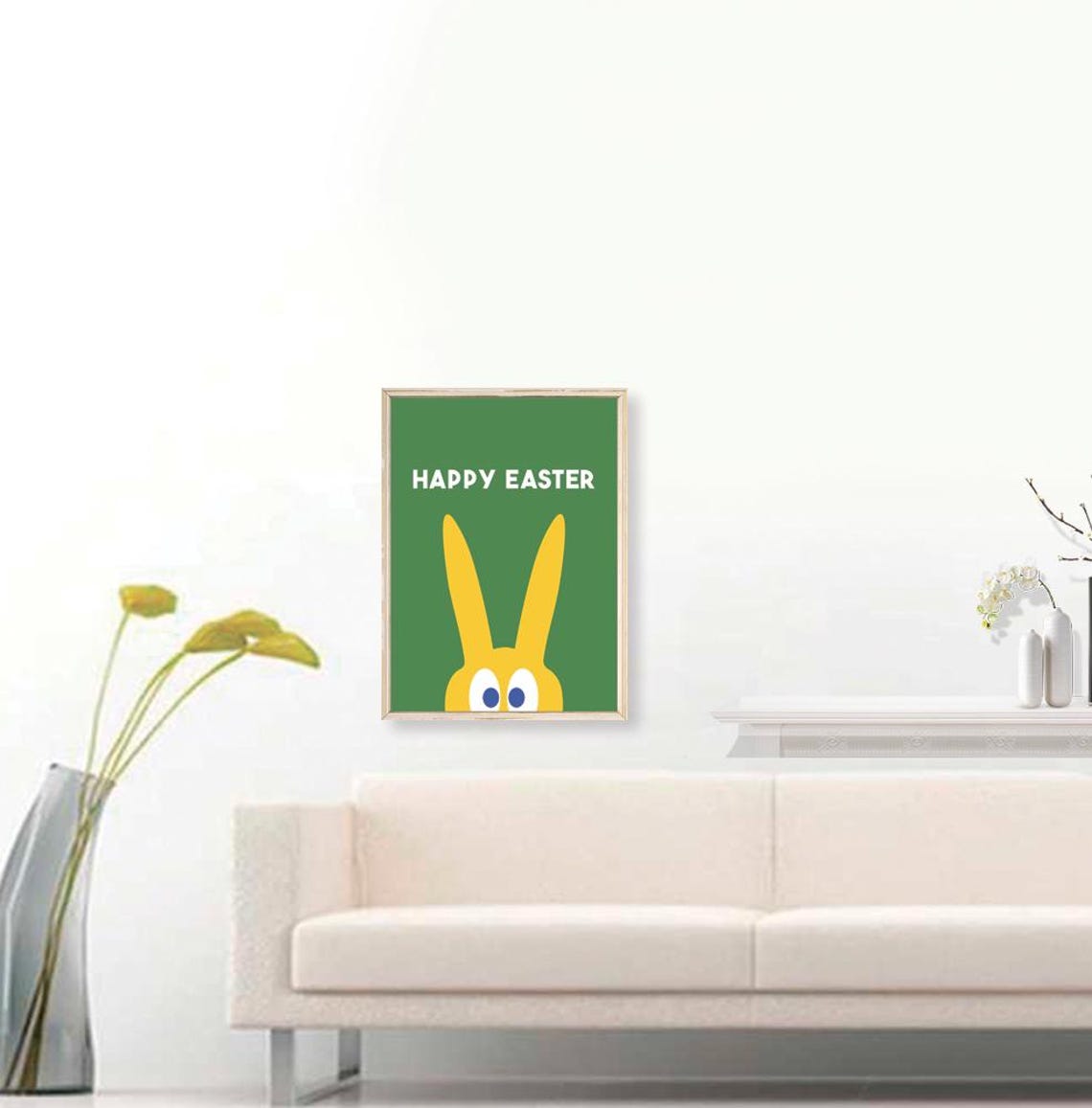 Happy Easter Yellow Bunny Green Background Playful Kids Decor Poster - Image 3