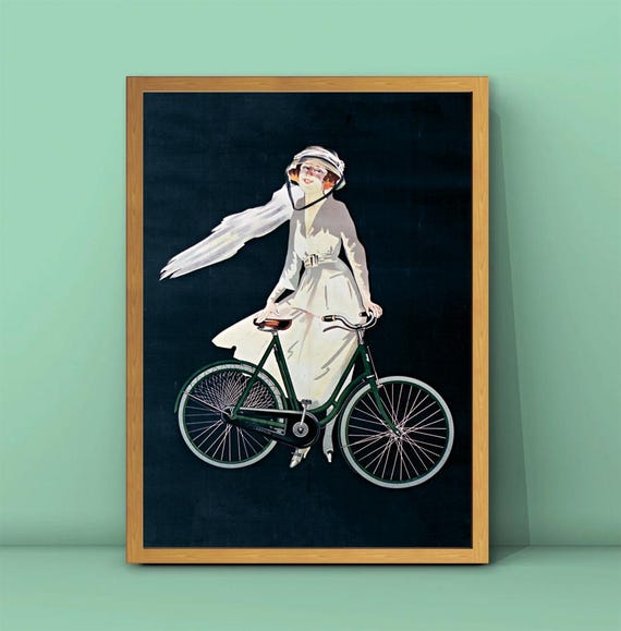Girl And Bicycle Print Woman And Bicycle Poster Vintage Fashion Poster Gift For Bike Lover Bicycle Wall Art Art Nouveau Art