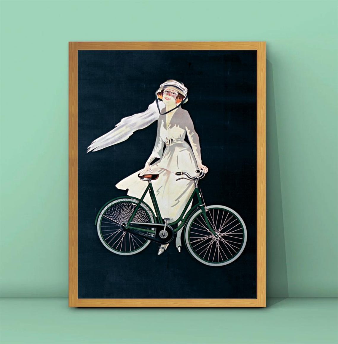 Vintage Lady Cyclist White Dress Green Bicycle Classic Art Poster