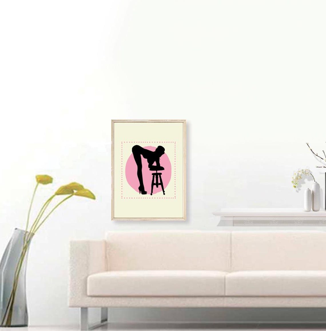 Woman Silhouette Bending Over Stool Pink Boho Art Decor Poster - Image 3
