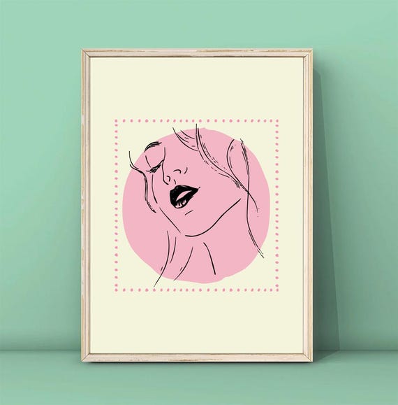 Joyful Pink Boho Woman Line Art Face Laughing Blush Wall Print