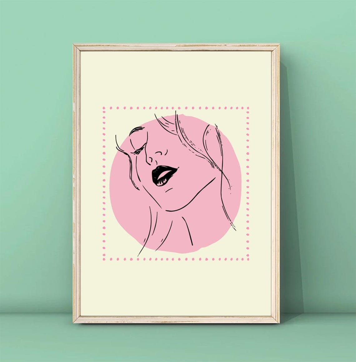 Joyful Pink Boho Woman Line Art Face Laughing Blush Wall Print