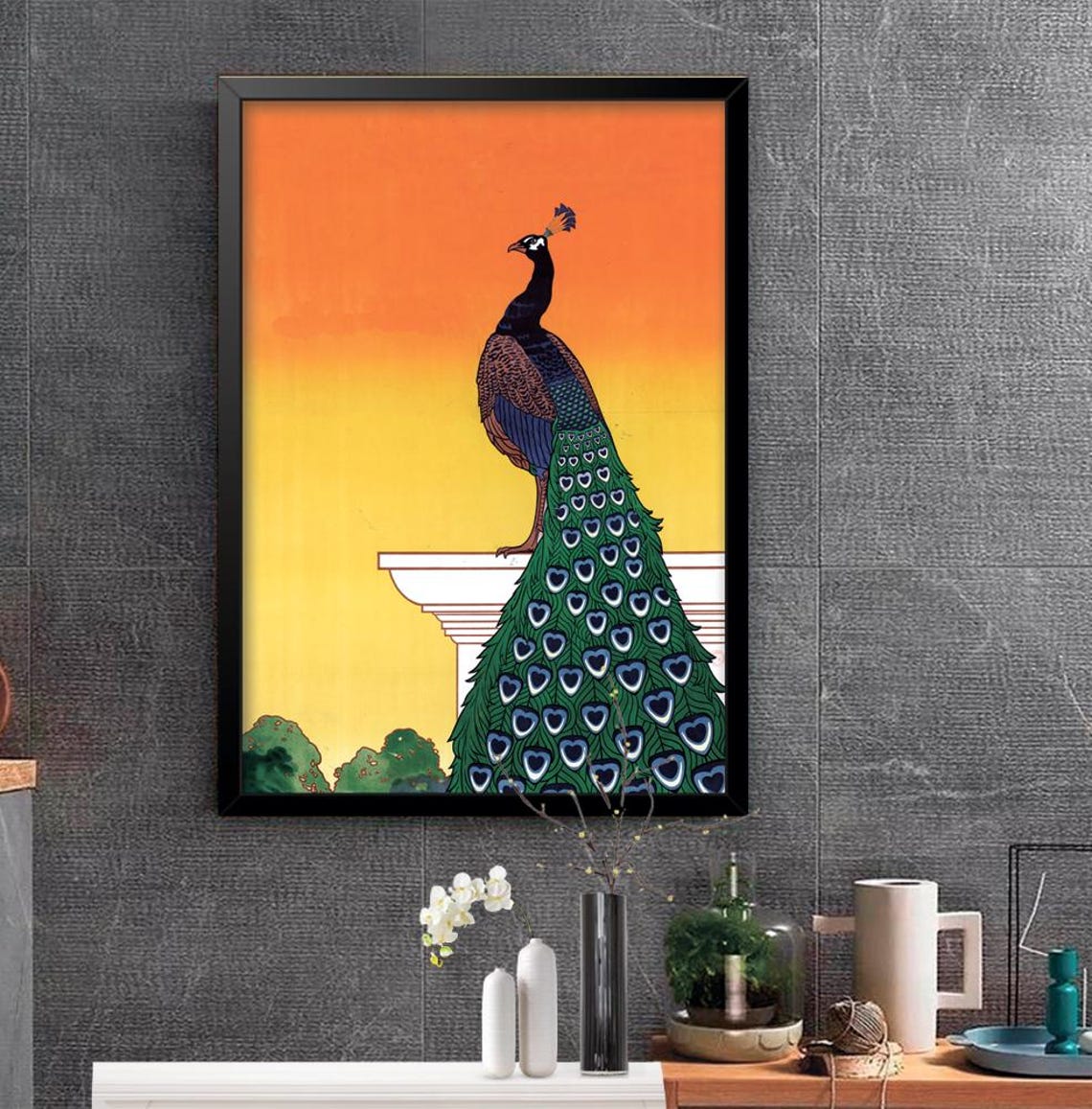 Vintage Peacock On Pedestal Orange Sunset Art Deco Bird Poster - Image 2