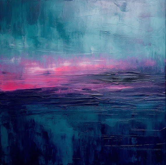 Dark Blue Abstract Painting Unique Sunset Landscape With Pink And Red Accents