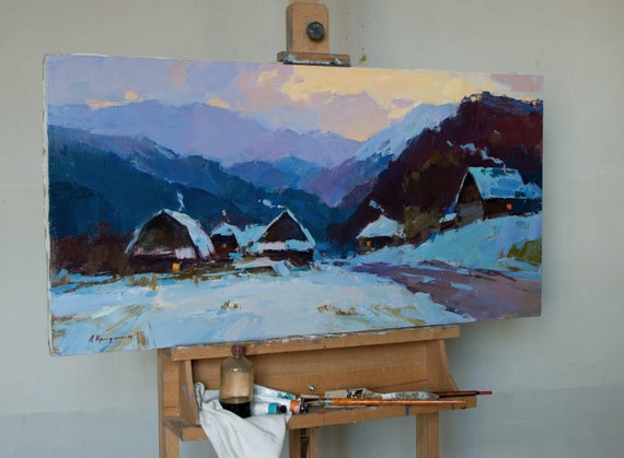 Ukrainian Winter Landscape Oil Painting Of Mountain Village
