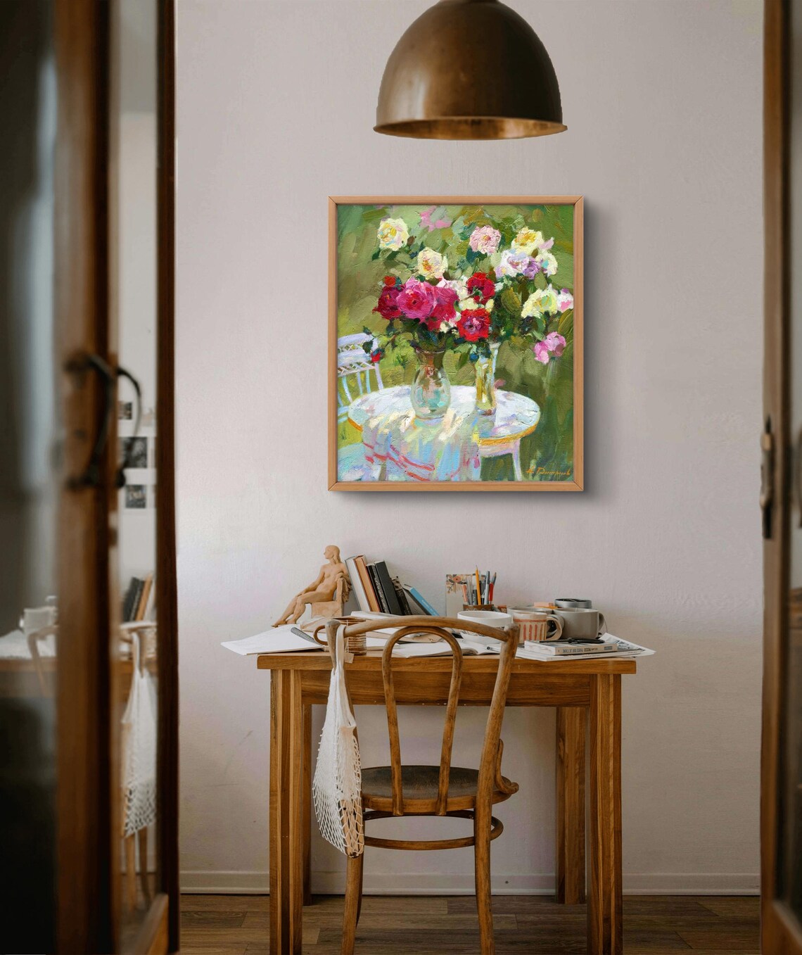 Romantic Garden Roses in Glass Vases, Impressionist Oil Painting - Image 2