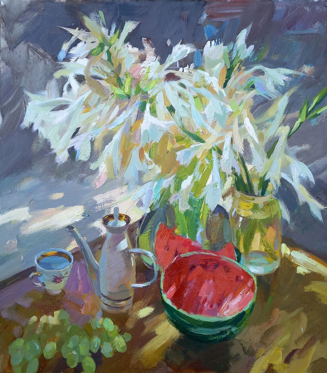 Still Life With White Lilies, Watermelon And Grapes - Image 3