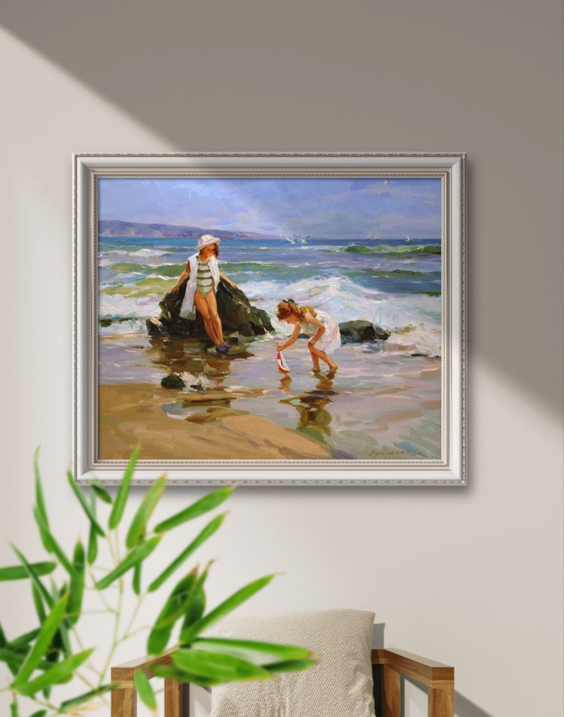 Beach Art, Original Oil Painting Of Children By The Sea