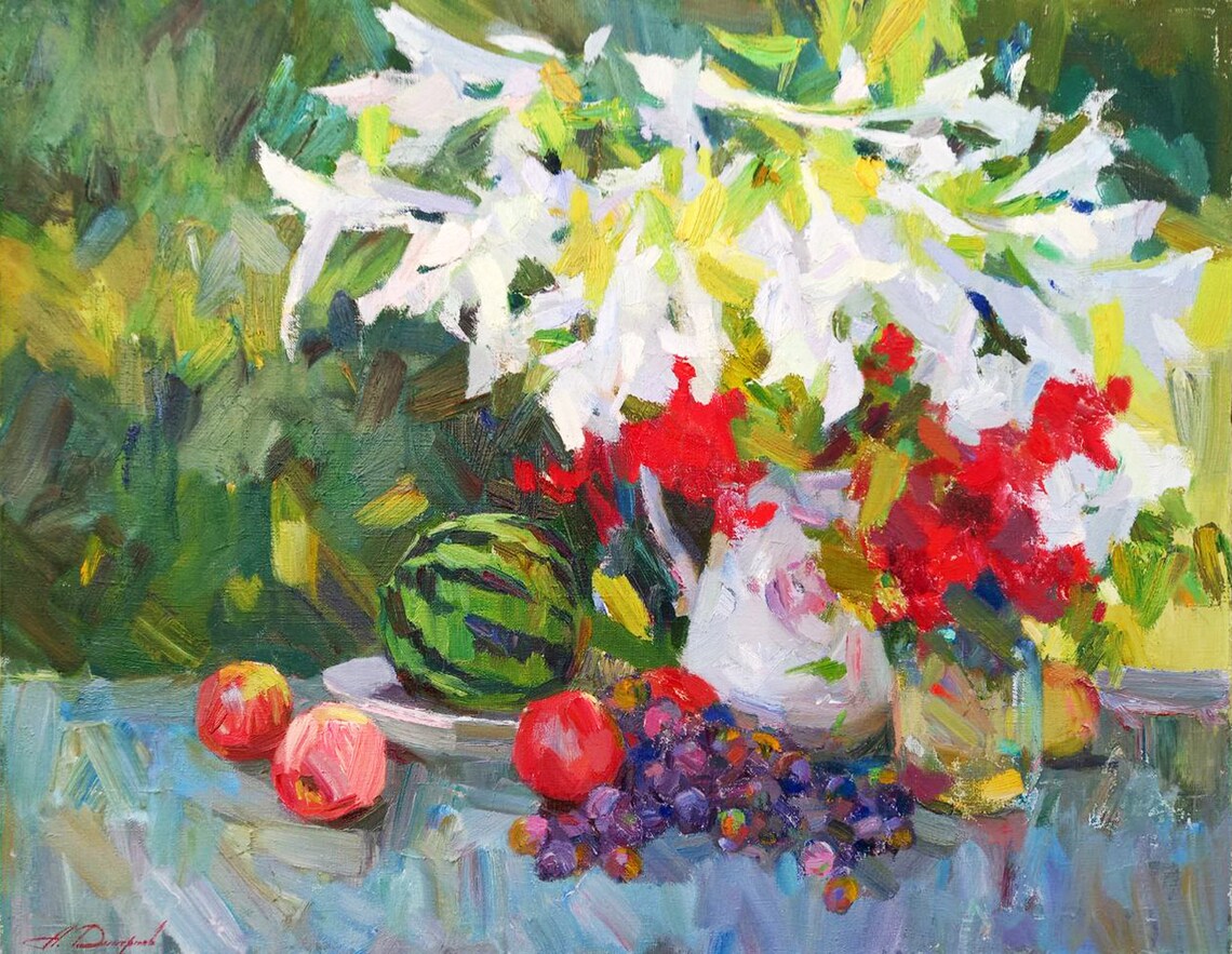 Vibrant Still Life With Watermelon, Autumn Flowers - Image 3
